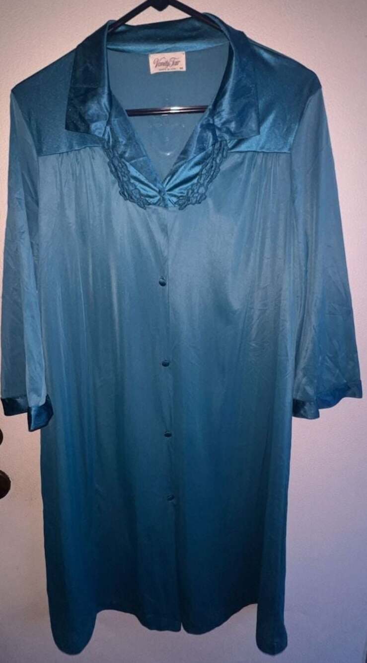 Vintage Vanity Fair Button-Front Nylon Nightgown in Turquoise Blue